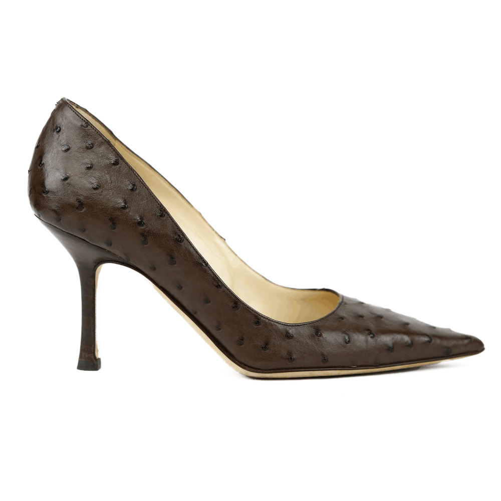 side view of Jimmy Choo Brown Ostrich Leather Point Toe Pumps