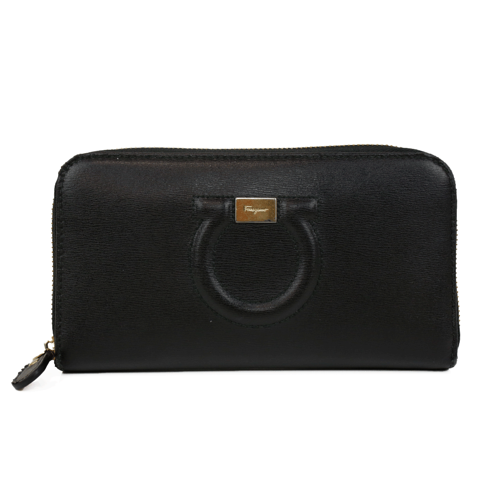 Salvatore Ferragamo Black Leather Continental Zip Wallet