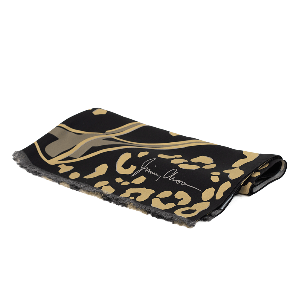 Jimmy Choo Black & Tan Leopard Print Silk Scarf