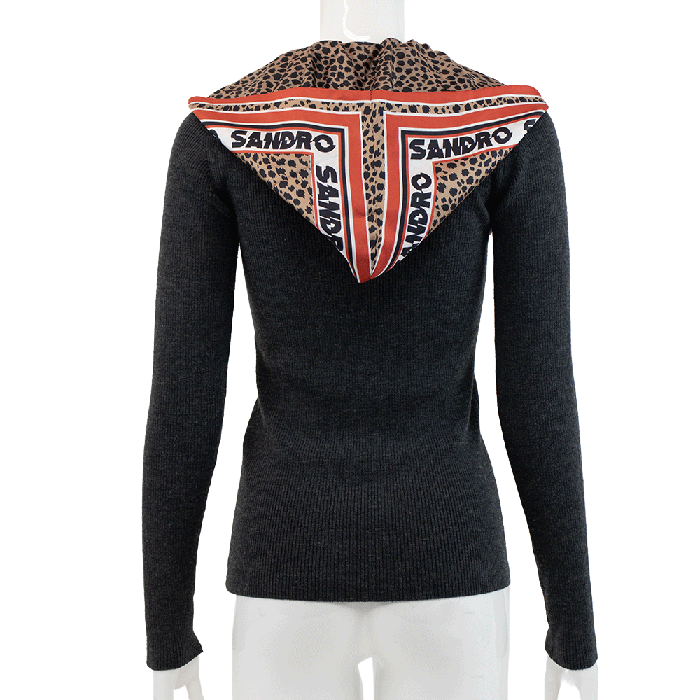 Sandro Charcoal Knit Silk Hooded Sweater