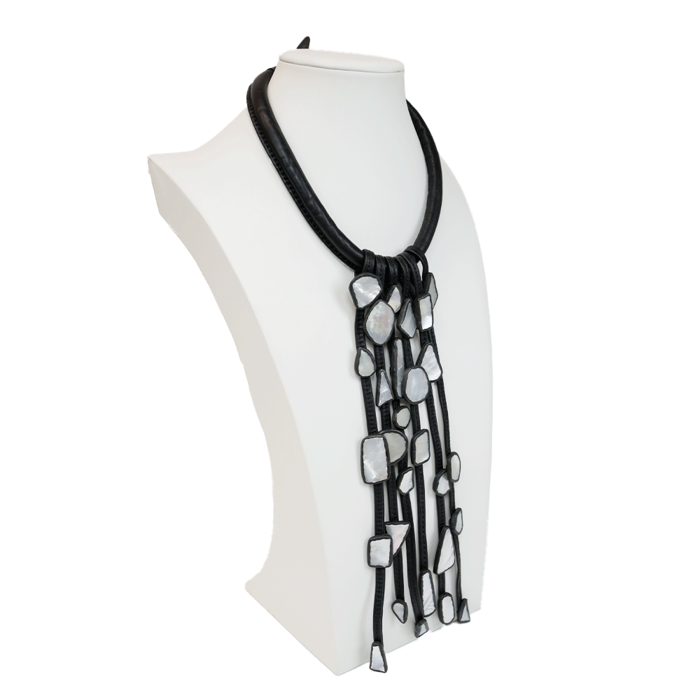 Monies Black Leather & Pearl Multi-Strand Collar Necklace
