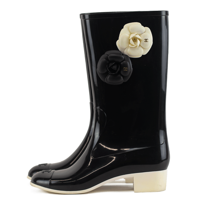 Chanel Black Rubber Camellia Rain Boots