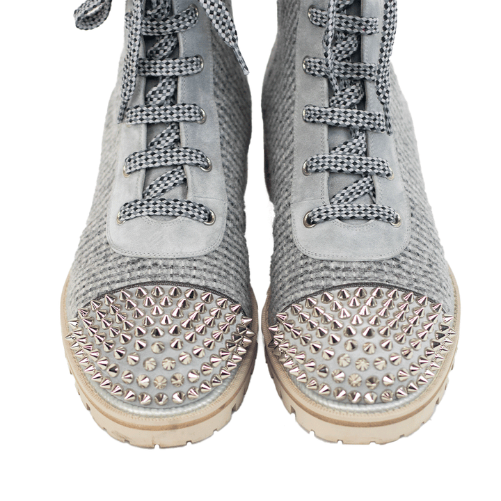 Christian Louboutin Gray Suede & Tweed Studded Combat Boots