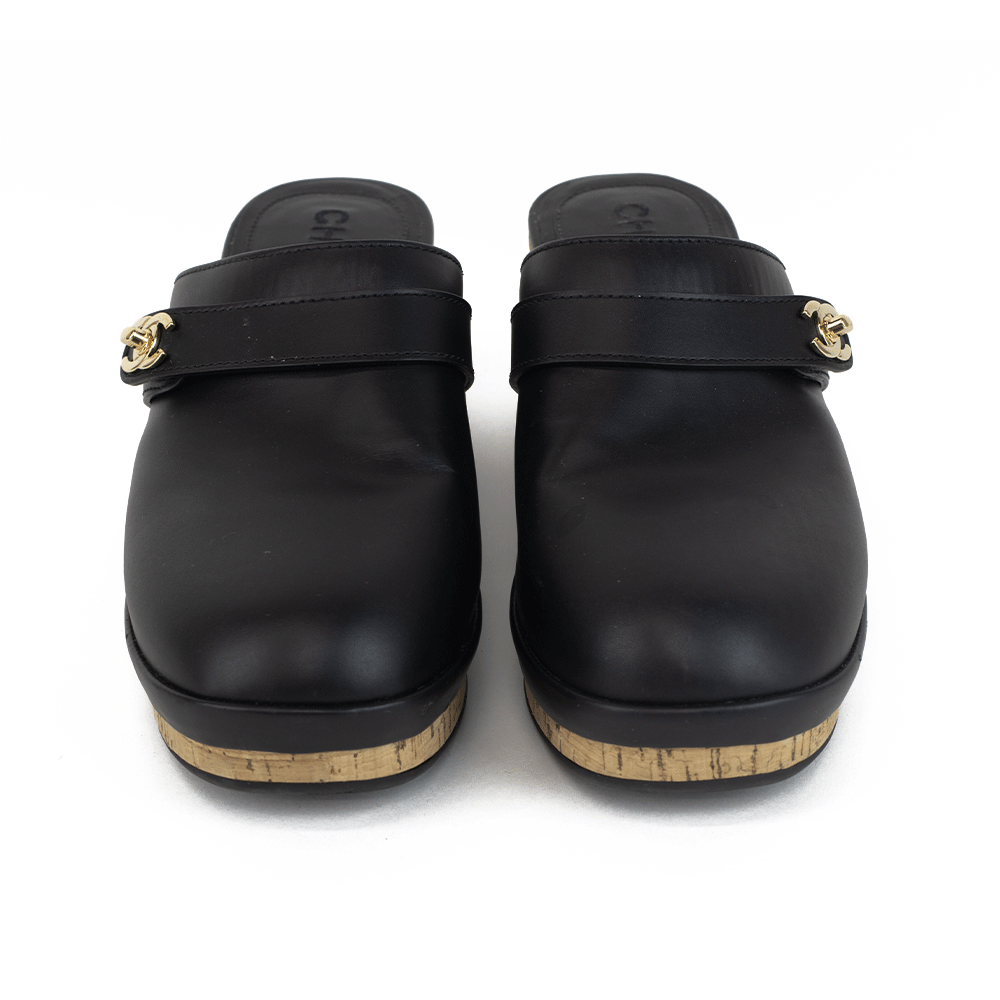 Chanel Black Leather Turnlock Mules