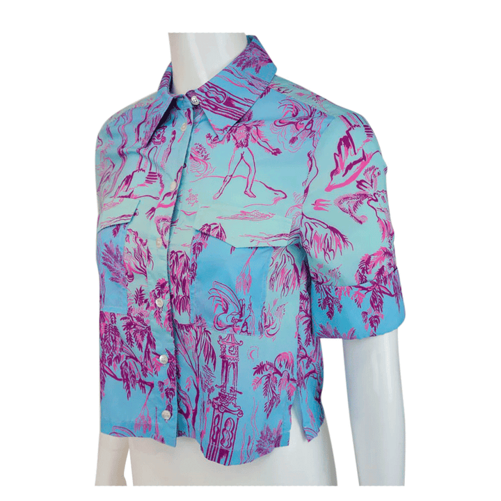 STAUD Purple Printed Nylon Short Sleeve Shirt