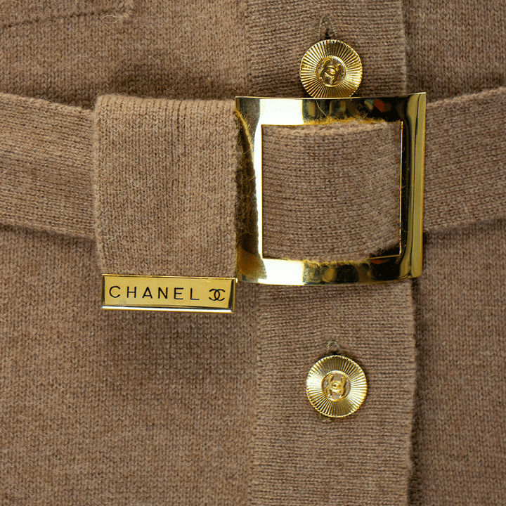 Chanel Vintage Tan Cashmere CC Belted Cardigan