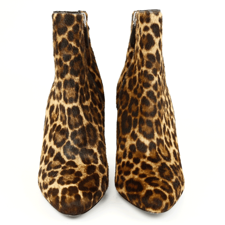 front view of Prada Leopard Print Pony Hair Wedge Ankle Boots