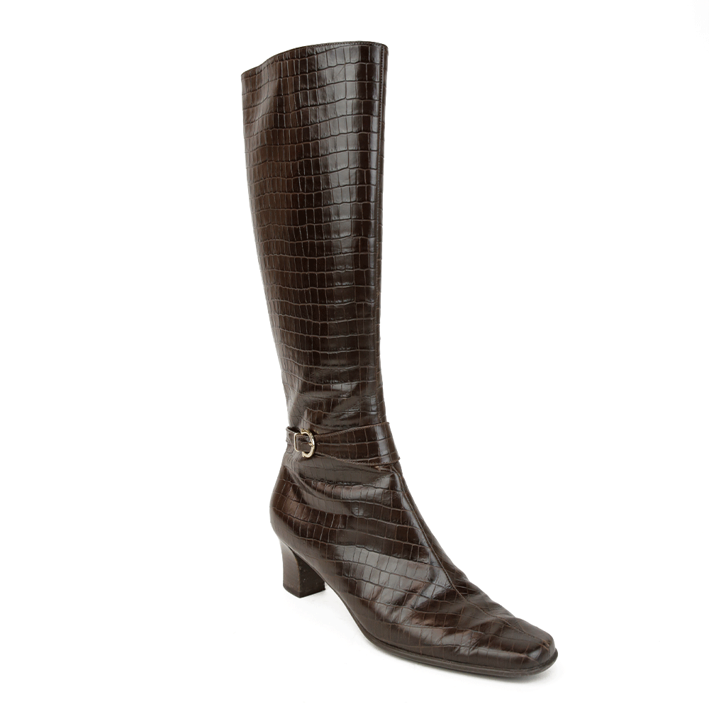 Salvatore Ferragamo Vintage Brown Embossed Knee Boots