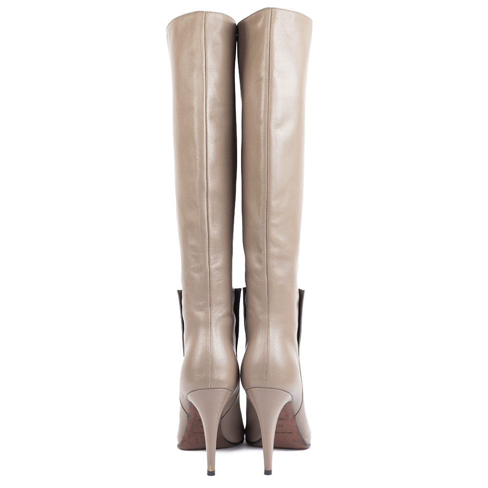 heel view of Balenciaga Taupe Leather High Heel Calf Boots