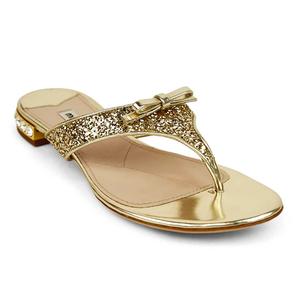 Miu Miu Gold Leather Glitter Thong Sandals