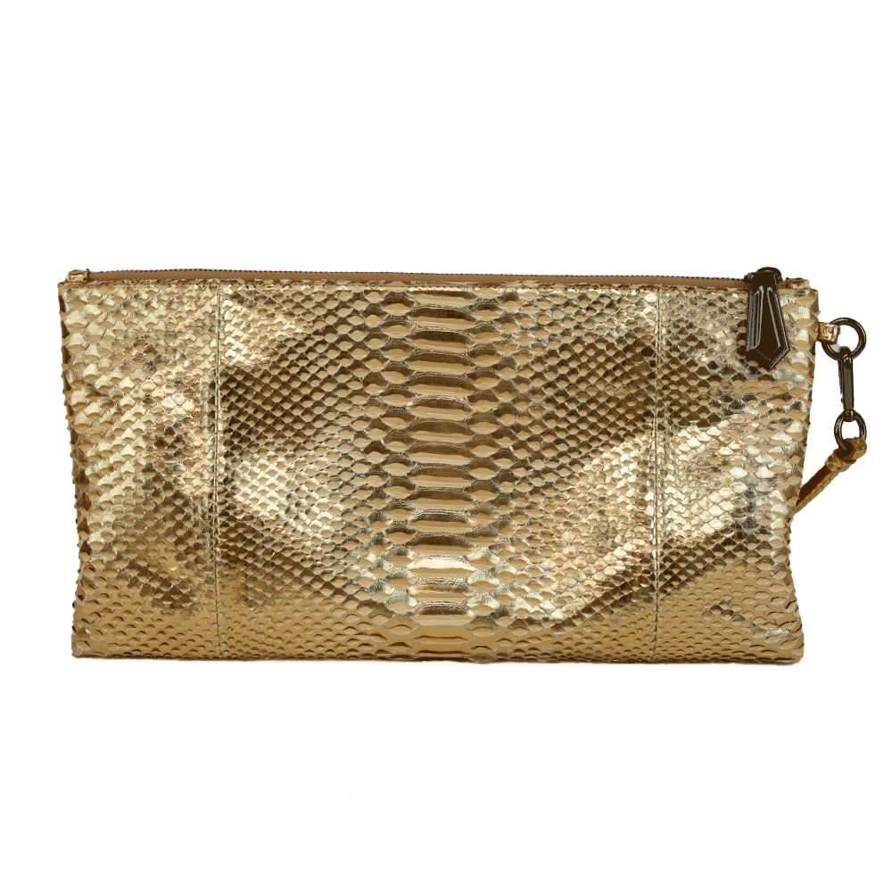 Reed Krakoff Metallic Gold Python Leather Zip Clutch