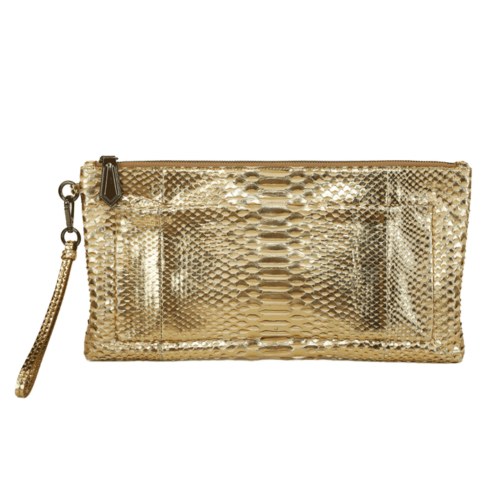 Reed Krakoff Metallic Gold Python Leather Zip Clutch
