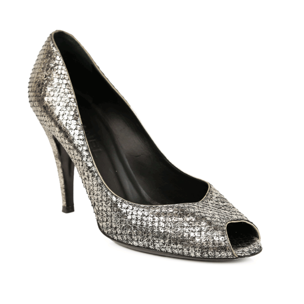 Chanel Metallic Snakeskin Leather Peep Toe Pumps