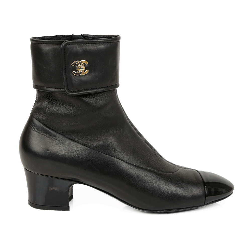 Chanel Black Lambskin Leather Turnlock Ankle Boots