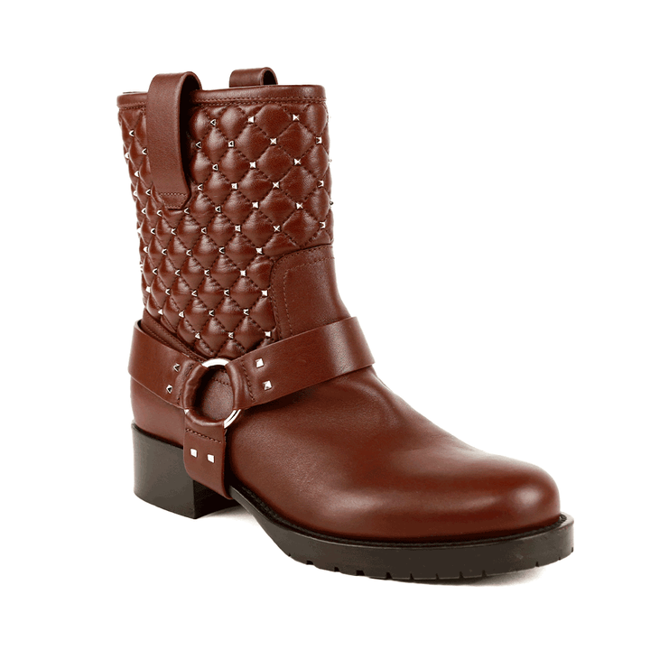 Valentino Brown Quilted Leather Rockstud Moto Boots