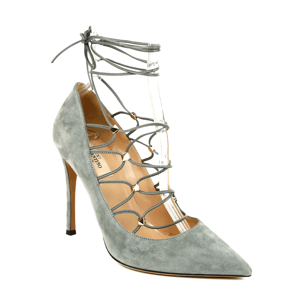 side view of Valentino Gray Suede Lace-Up Rockstud Pumps
