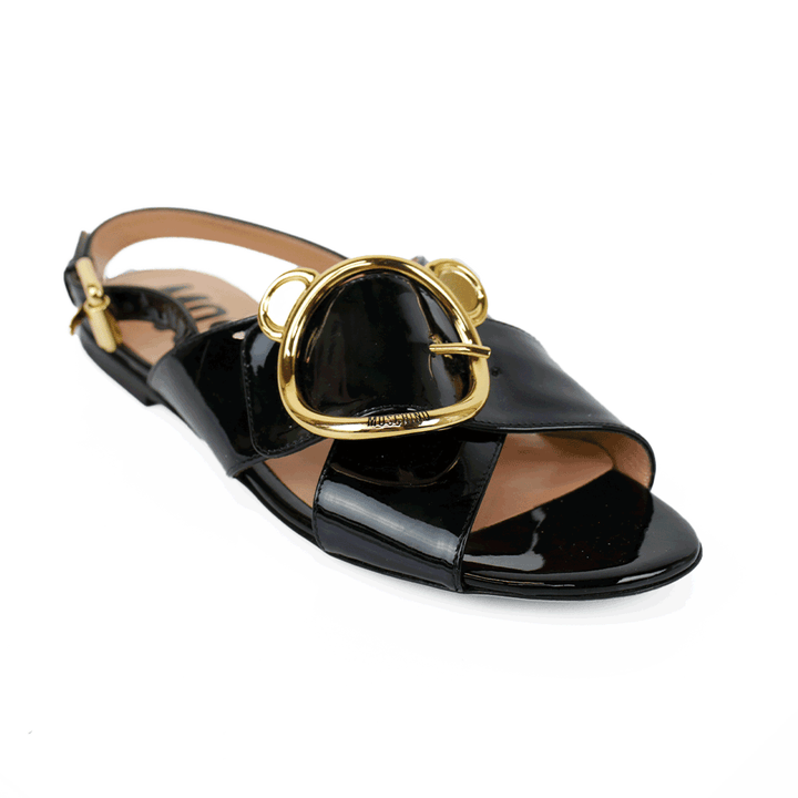 Moschino Black Patent Leather Slingback Flat Sandals