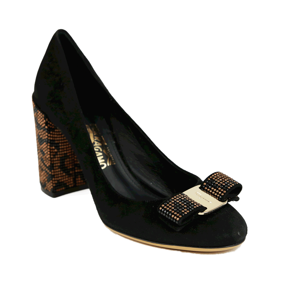 Salvatore Ferragamo Black Suede Vara Bow Studded Heel Pumps