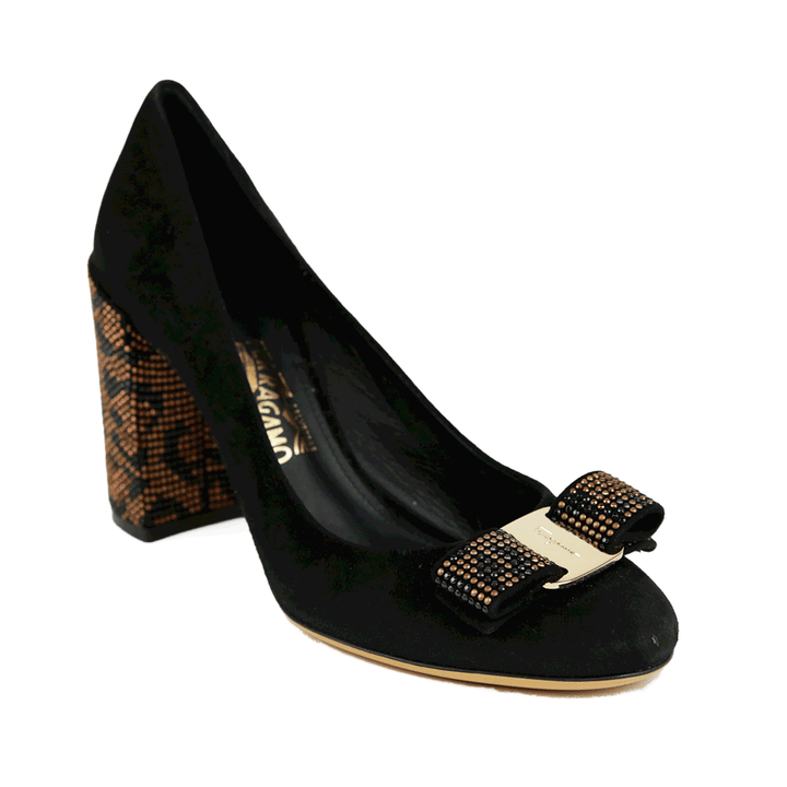 Salvatore Ferragamo Black Suede Vara Bow Studded Heel Pumps