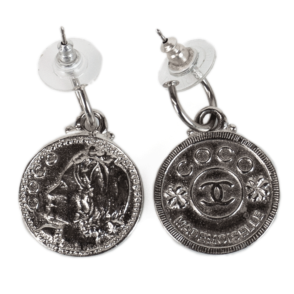 Chanel Silver Mademoiselle Coin Drop Earrings