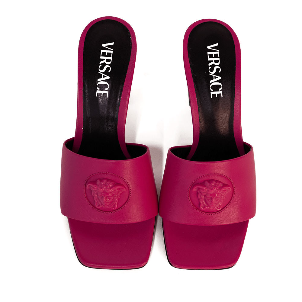 Versace Pink Leather Medusa Mule Heels | DBLTKE Luxury Consignment Versace Pink Leather Medusa Mule Heels | DBLTKE Luxury Consignment