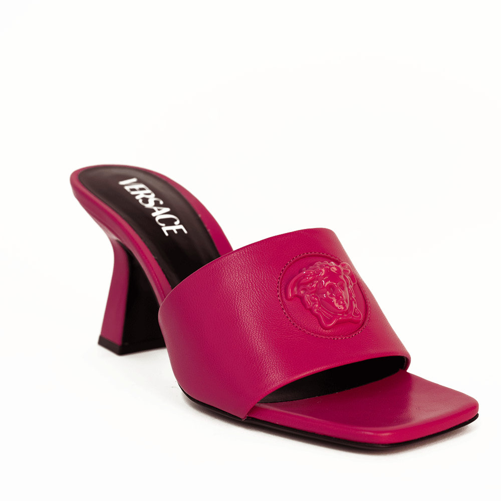 Versace Pink Leather Medusa Mule Heels | DBLTKE Luxury Consignment Versace Pink Leather Medusa Mule Heels | DBLTKE Luxury Consignment