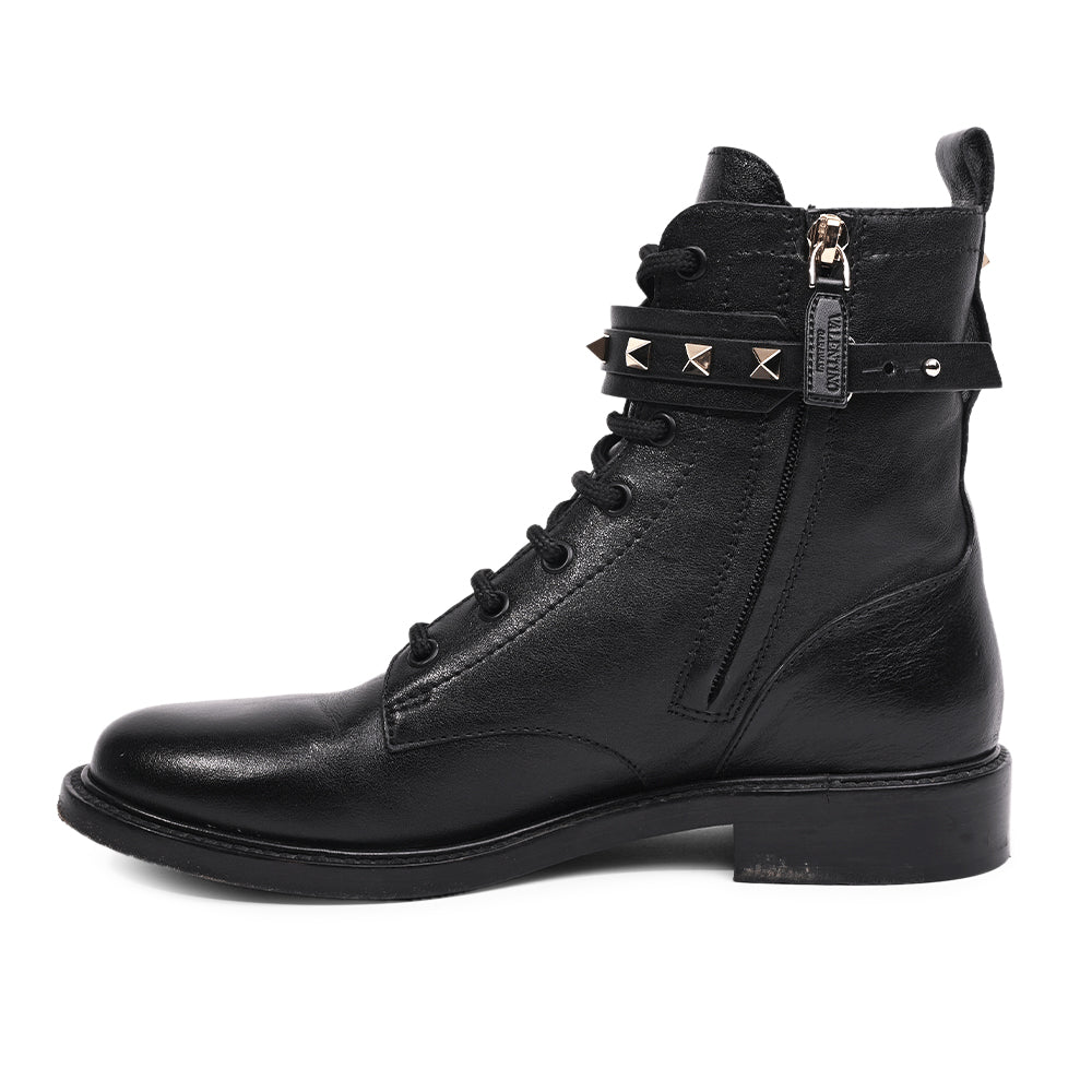 Valentino Black Leather Rockstud Combat Boots