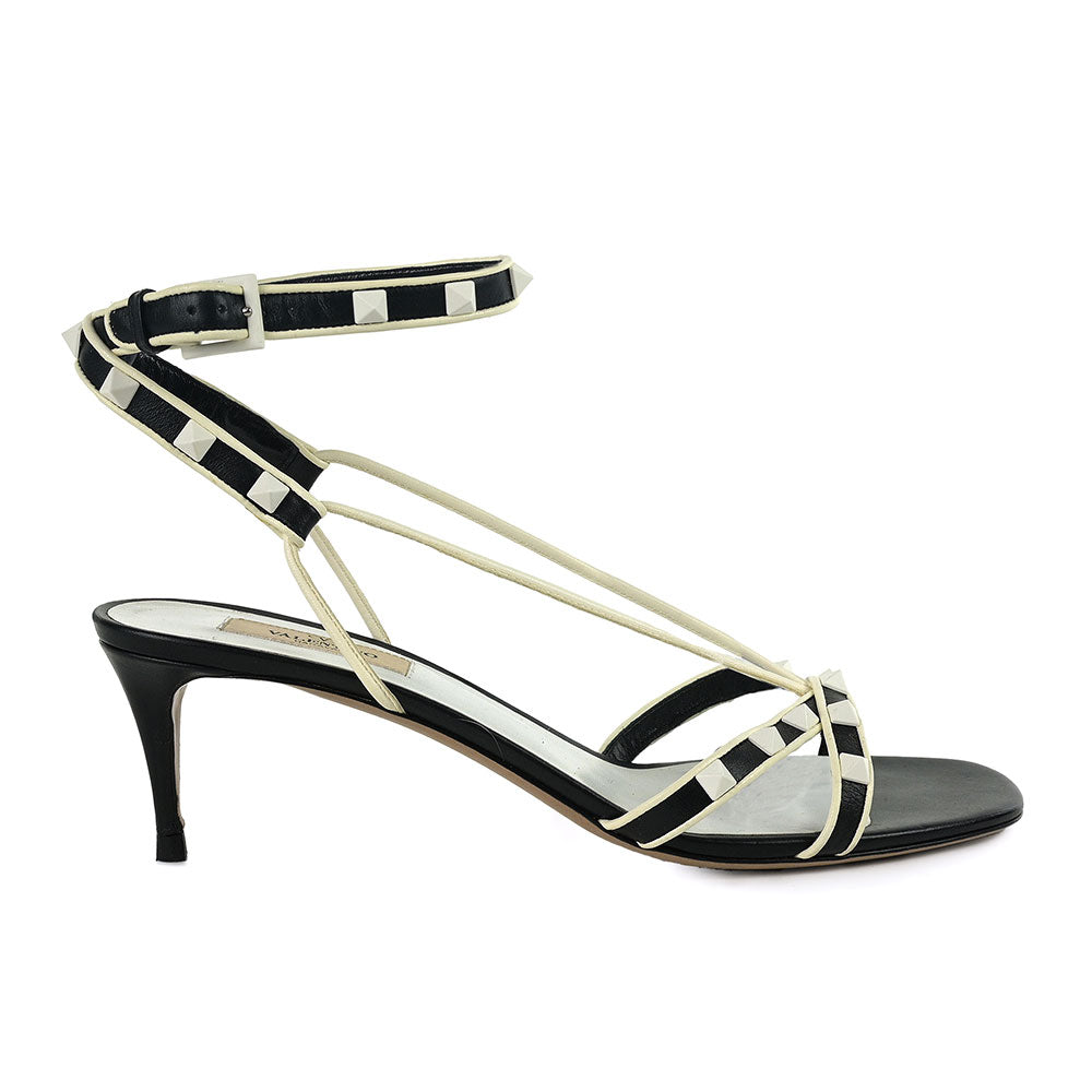 Valentino Black & White Rockstud T Strap Sandals