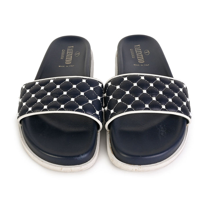 Valentino Navy Leather Rockstud Slide Sandals