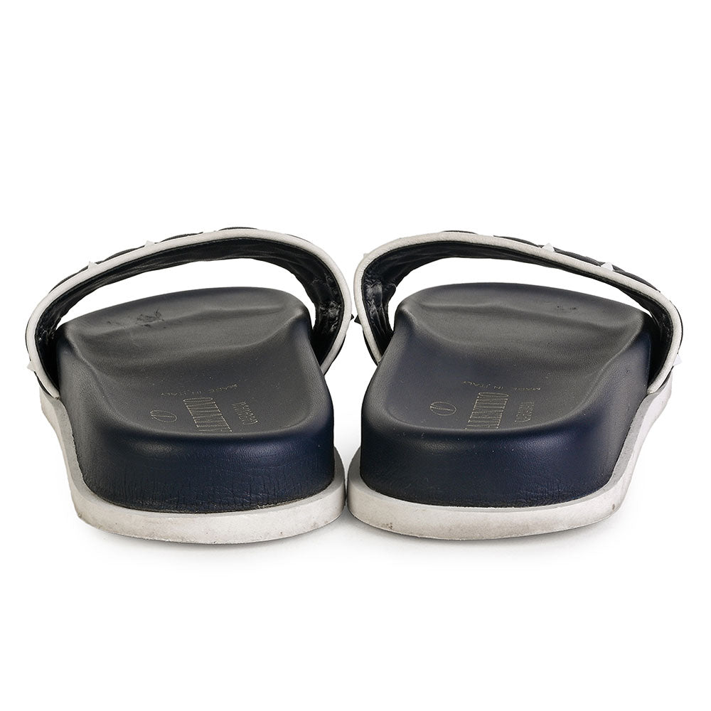 Valentino Navy Leather Rockstud Slide Sandals