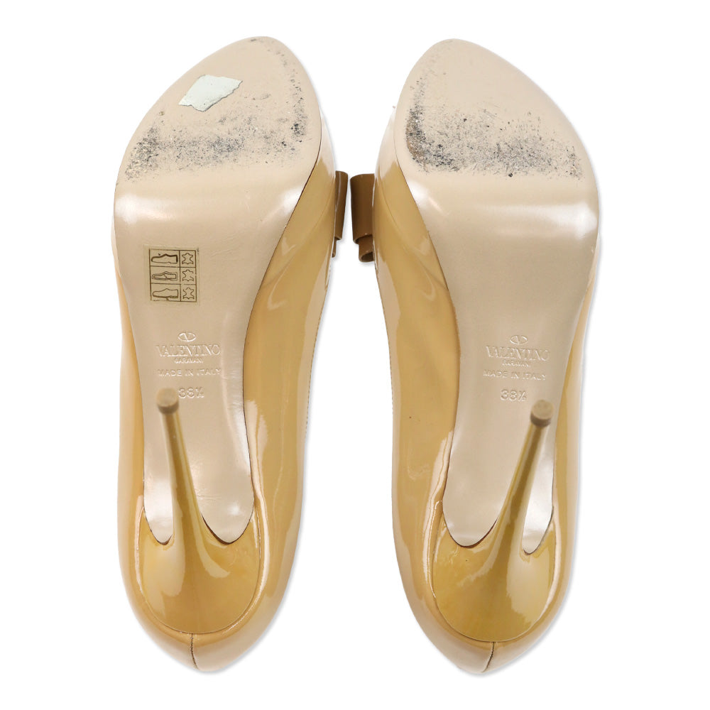 Valentino Beige Patent Leather Bow Peep Toe Platform Pumps