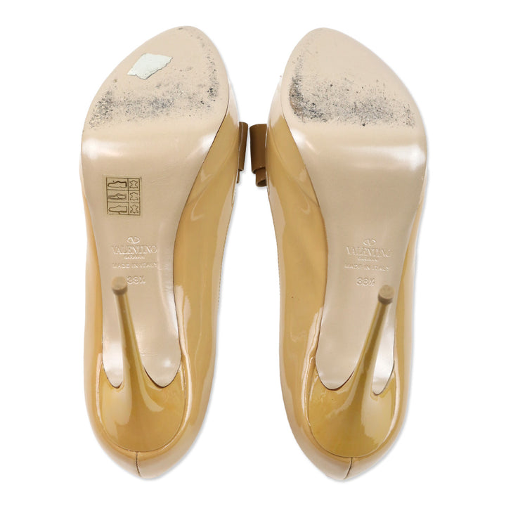 Valentino Beige Patent Leather Bow Peep Toe Platform Pumps