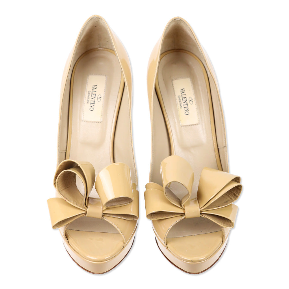 Valentino Beige Patent Leather Bow Peep Toe Platform Pumps