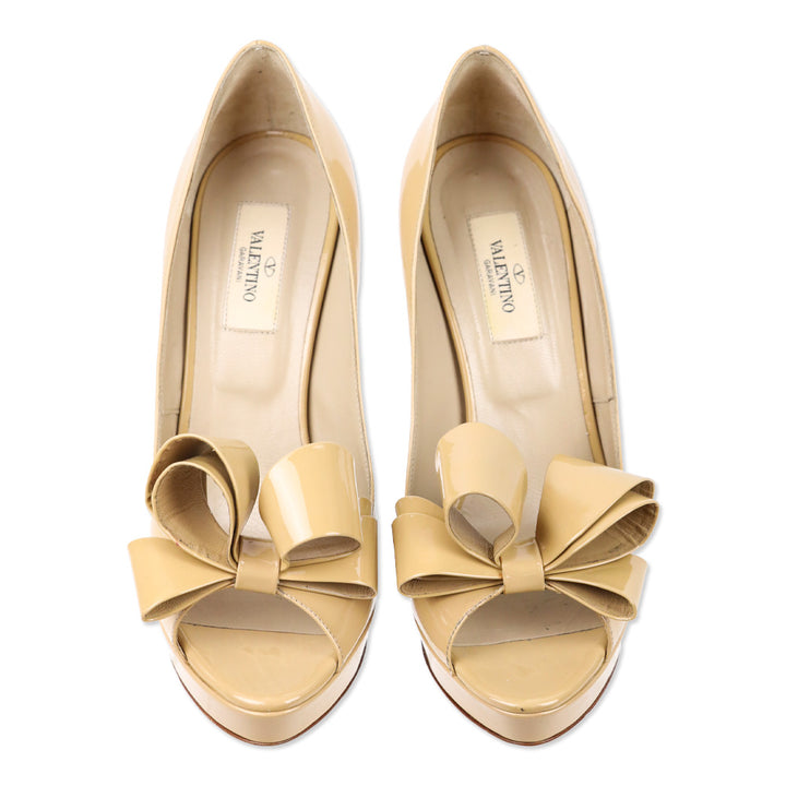 Valentino Beige Patent Leather Bow Peep Toe Platform Pumps
