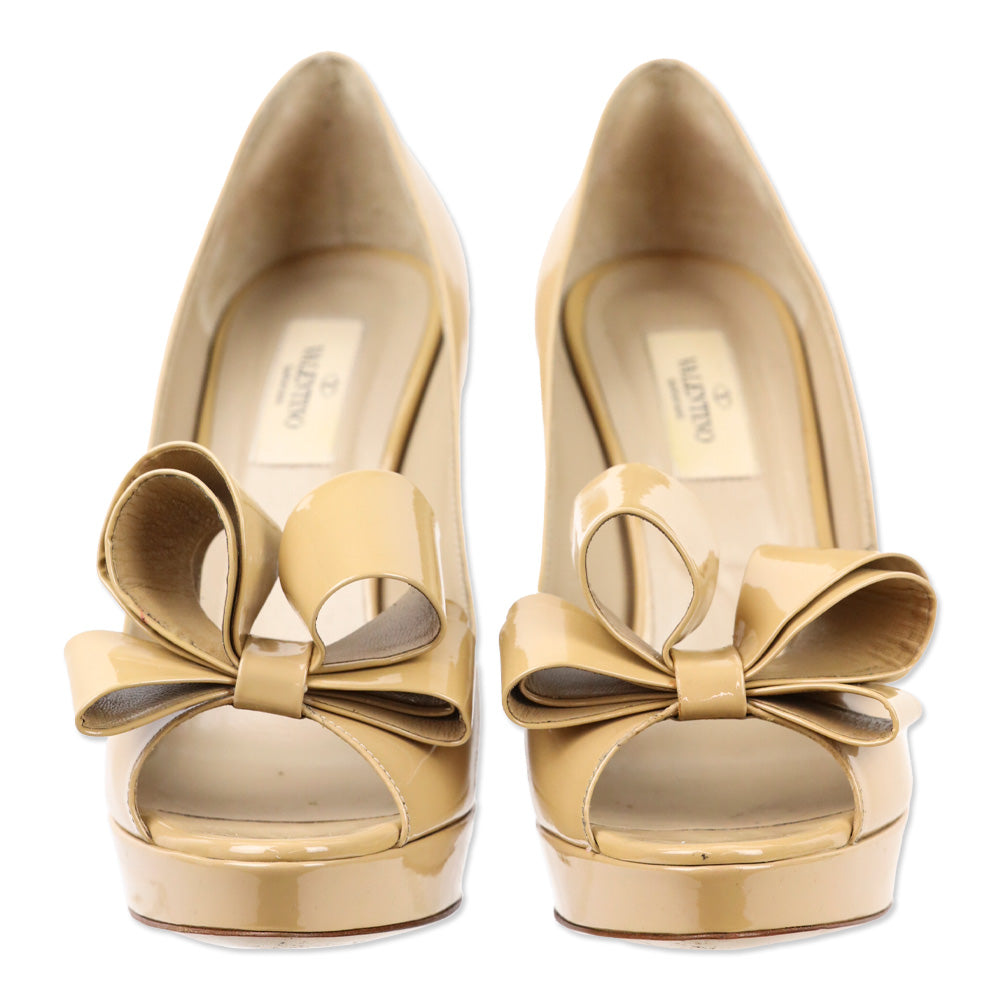 Valentino Beige Patent Leather Bow Peep Toe Platform Pumps