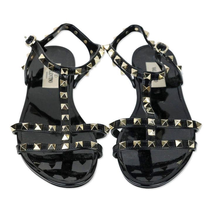 Valentino Black Rockstud Flat Rubber Sandal