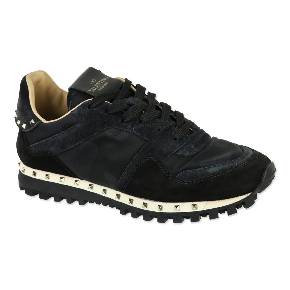 Valentino Black Suede Camouflage Rockstud Low-Top Sneakers
