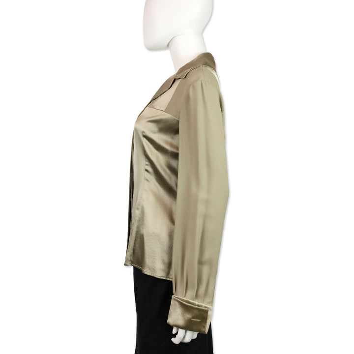 Valentino Boutique Gold Silk Wide Camp Collar Button Up Blouse