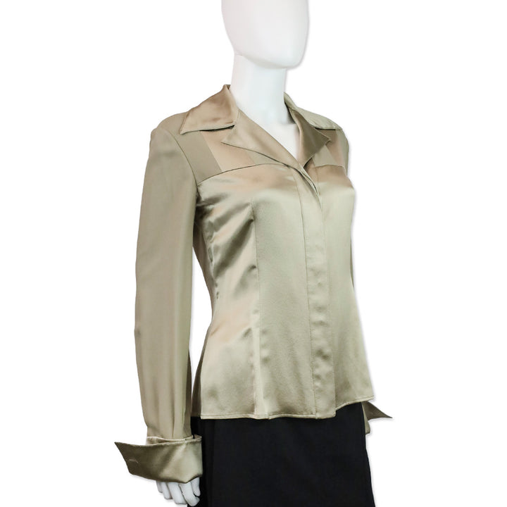 Valentino Boutique Gold Silk Wide Camp Collar Button Up Blouse