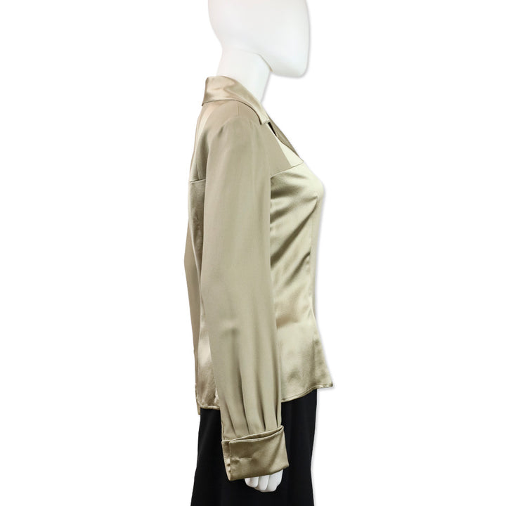 Valentino Boutique Gold Silk Wide Camp Collar Button Up Blouse