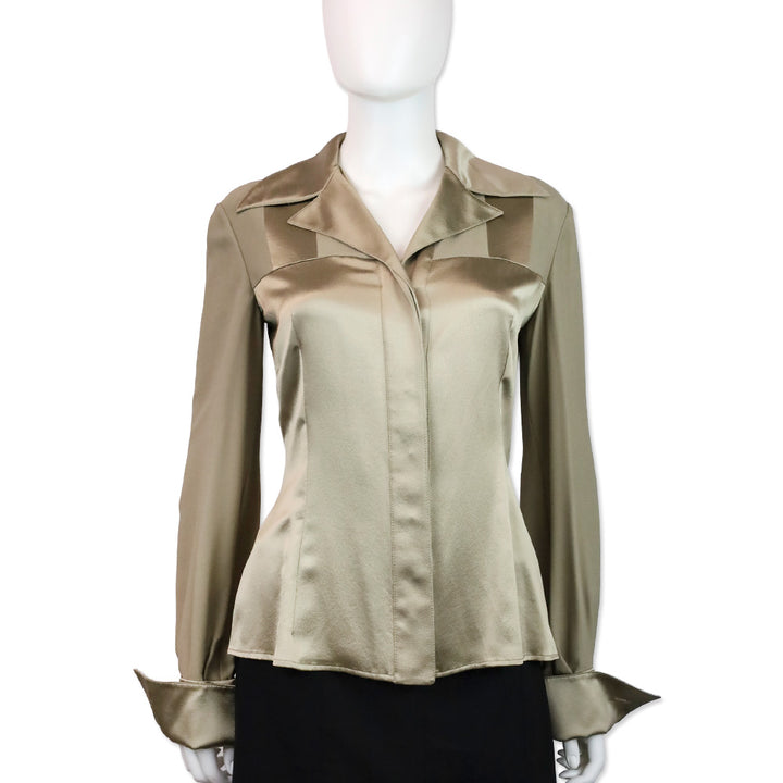 Valentino Boutique Gold Silk Wide Camp Collar Button Up Blouse