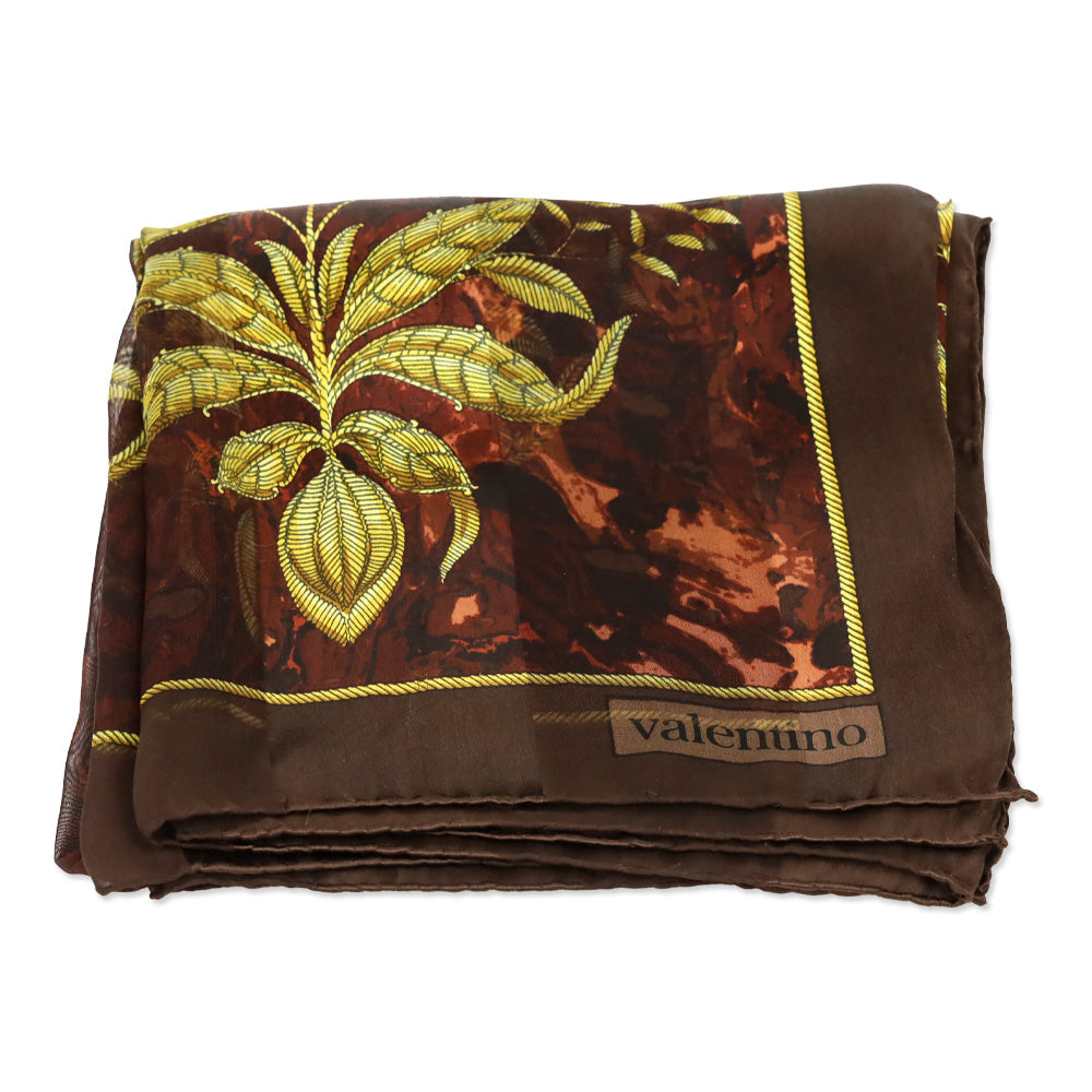 Valentino Brown Marbled Stripe and Gold Brocade Pattern Silk Scarf