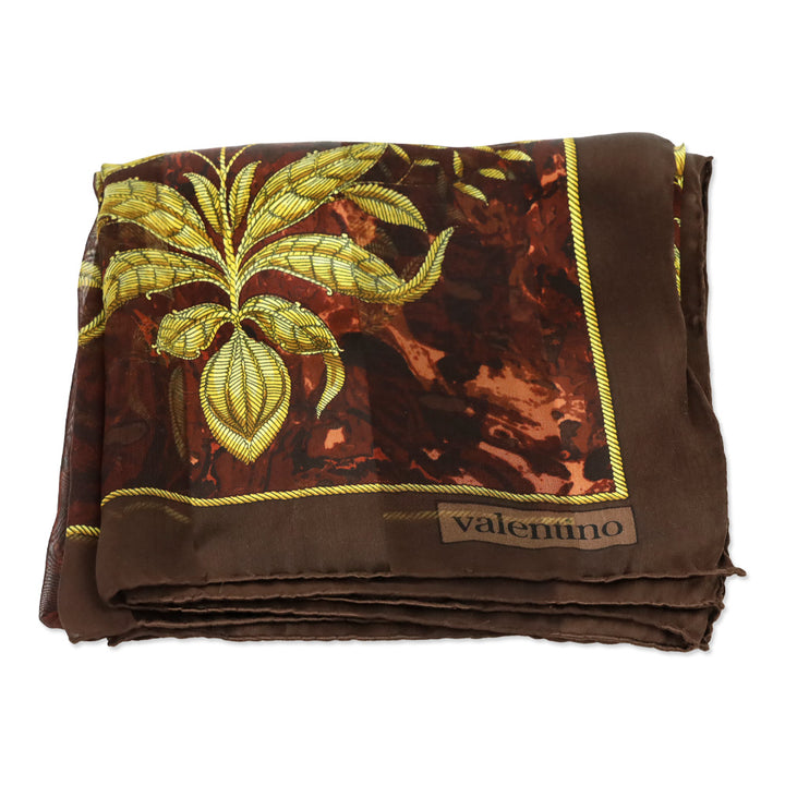 Valentino Brown Marbled Stripe and Gold Brocade Pattern Silk Scarf