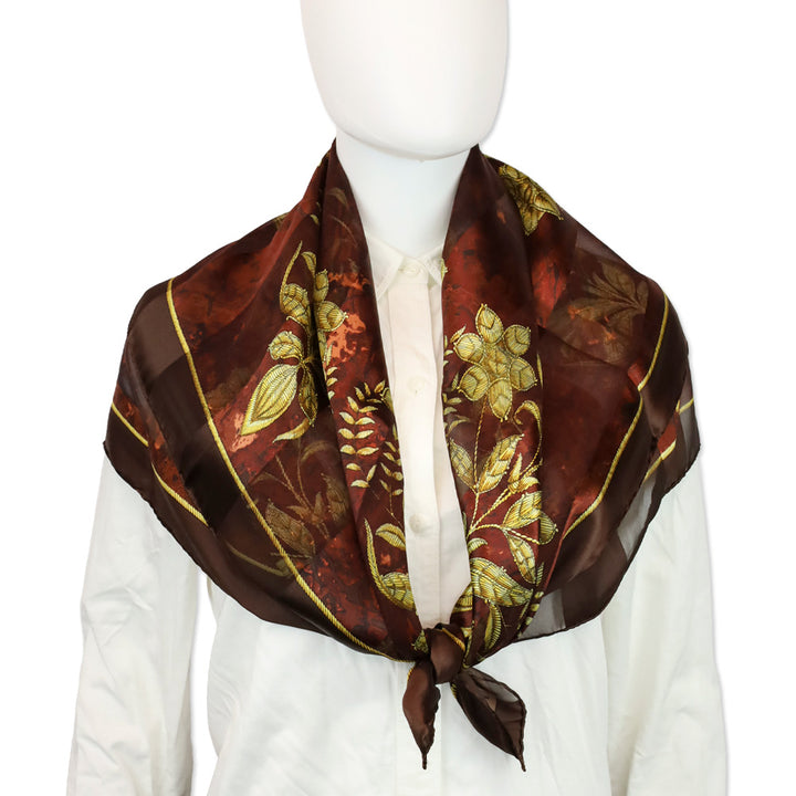 Valentino Brown Marbled Stripe and Gold Brocade Pattern Silk Scarf
