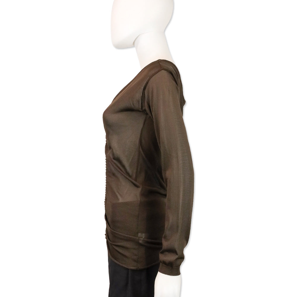 Valentino Brown Sheer Ruched Ribbed Knit Long Sleeve Top