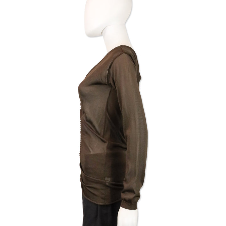 Valentino Brown Sheer Ruched Ribbed Knit Long Sleeve Top