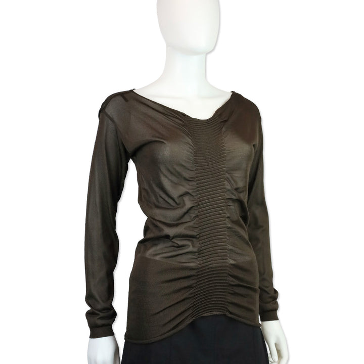 Valentino Brown Sheer Ruched Ribbed Knit Long Sleeve Top
