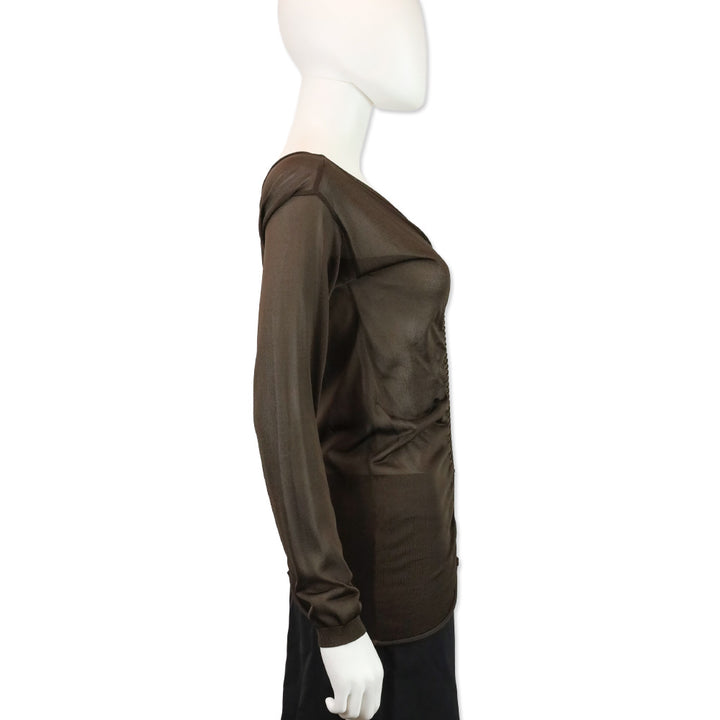 Valentino Brown Sheer Ruched Ribbed Knit Long Sleeve Top