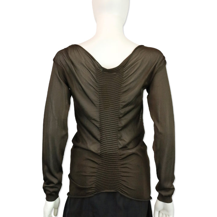 Valentino Brown Sheer Ruched Ribbed Knit Long Sleeve Top