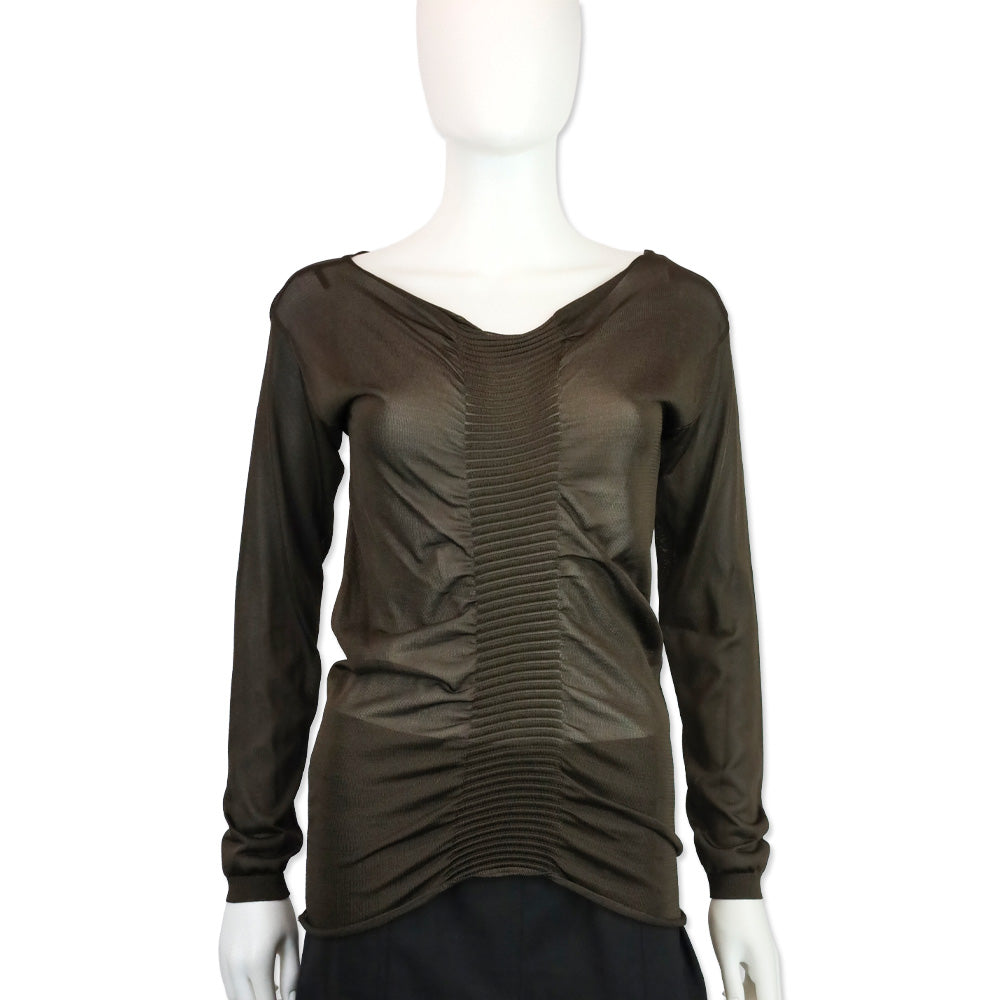 Valentino Brown Sheer Ruched Ribbed Knit Long Sleeve Top